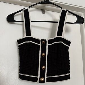 Black Knit Button-Front Cropped Tank with White Trim